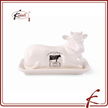 Forma de vaca prato de manteiga decorativo pedra ware com padrão de decalque